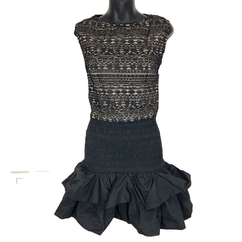 Maje Drop Waist Mini Dress S Black Sleeveless Sheer Lace Overlay Poof Ruffle Hem
